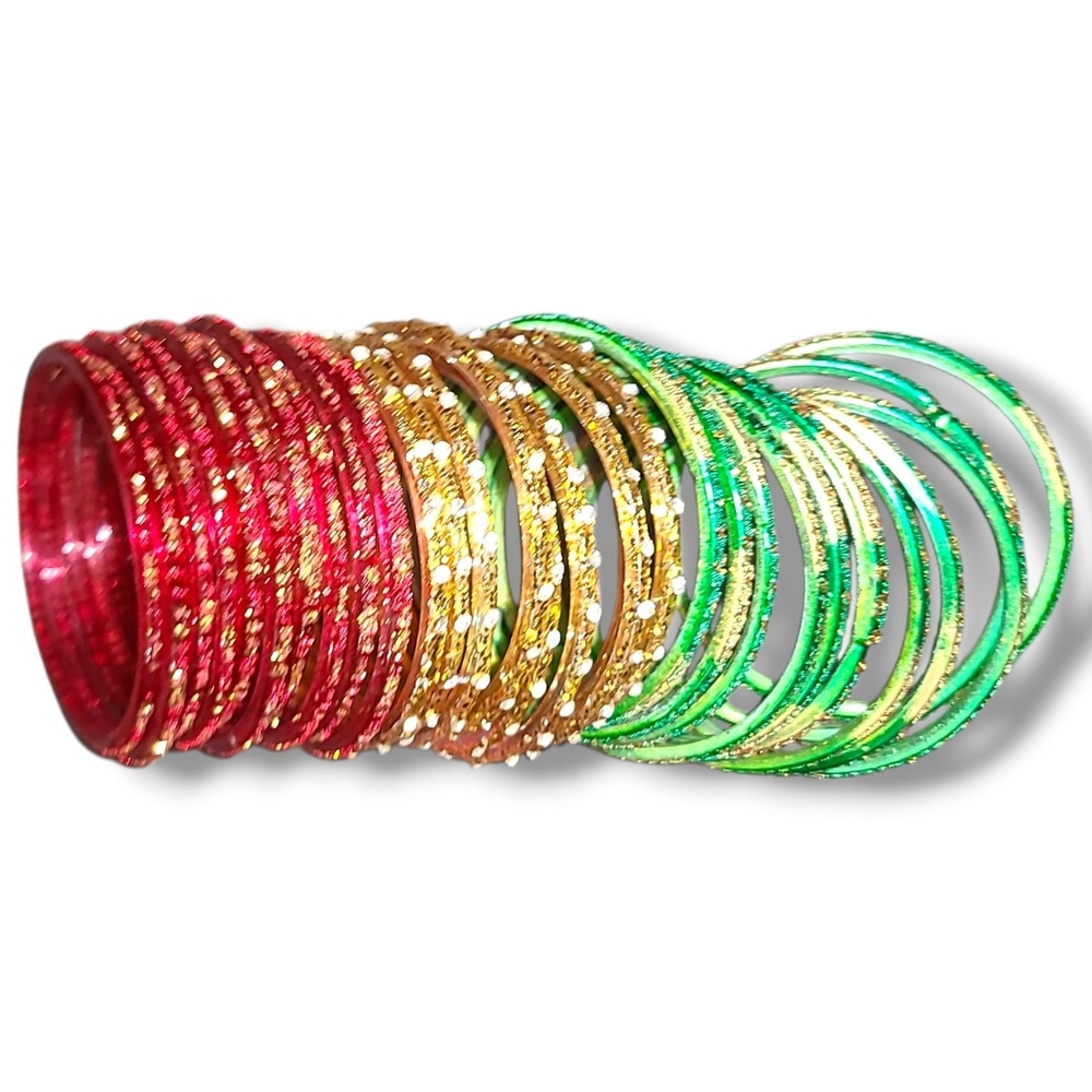 Vintage Indian Bollywood Glass Bangles Lot 30 Red Green Gold Glitter 2.53"